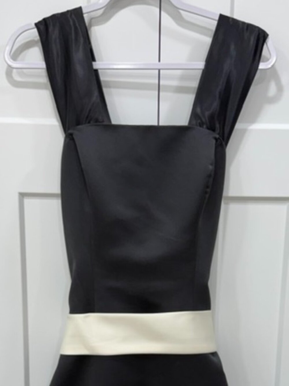 Eden Maids evening gown, satin black, cream sash with embellishments, size 12